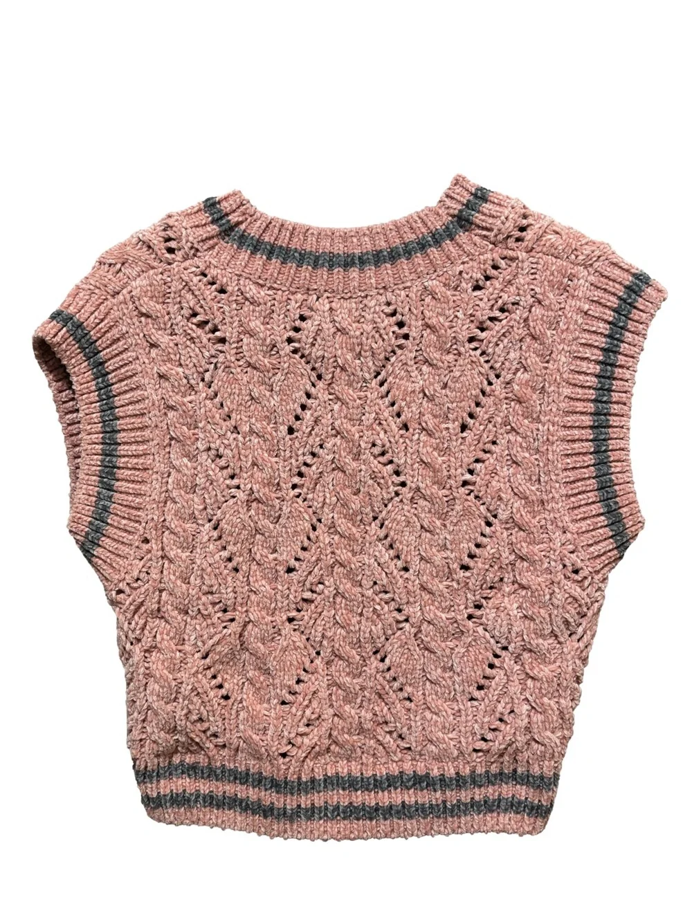 English Factory Rose Pink Cable Knit V-Neck Sweater Vest with Gray Trim